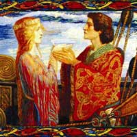 Isolda ofrece aTtristán el trago del amor y la muerte. Esta obra fue represenada por vez primera el 10 de junio de 1865 en el Teatro Nacional de Munich. Su autor es Richard Wagner, compositor romántico de dramas musicales que influyo fuertemente en la evolución de las sinfonías de compositores posteriores, como Bruckner y Mahler.