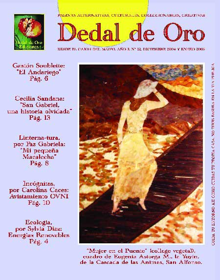 Portada del número 22, Diciembre del 2004 - Enero del 2005. La foto de la portada se titula "Mujer en el puente" (collage vegetal), cuadro de María Eugenia Astorga M. La Yuyín, de la Cascada de Las Ánimas, San Alfonso.