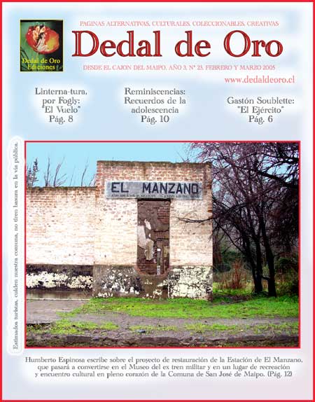 Portada del n&uacute;mero 23, Febrero y Marzo del 2005. Foto de trabajo de la Estaci&oacute;n del El Manzano, la gr&aacute;fica es de Patricio Aldunate,