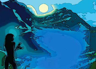 Ilustración de una silueta femenina en las montañas