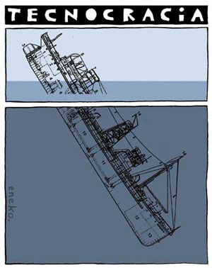 Ilustración de un barco a medio hundir titulada "Tecnocracia". Por : Eneko