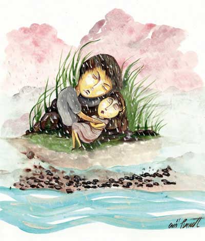 Ilustración de Onii Planett en que Tali protege a Camila del frío.