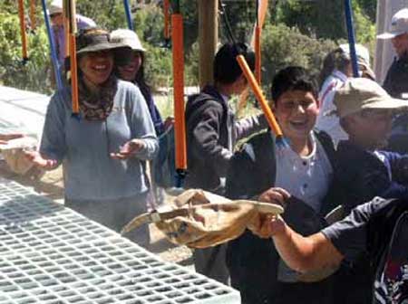 Niños de la escuela Julieta Becerra metiendo las manos en la tierra.