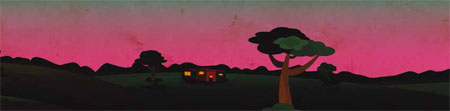 Ilustración de una casa de campo en la penumbra.
