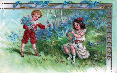 Ni&ntilde;o y ni&ntilde;a recogiendo flores.